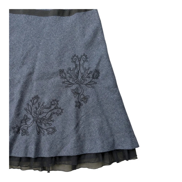 Cassis Wool Blend A-Line Full Skirt Fringe Embroidery  Gray Black 6 - Picture 4 of 8